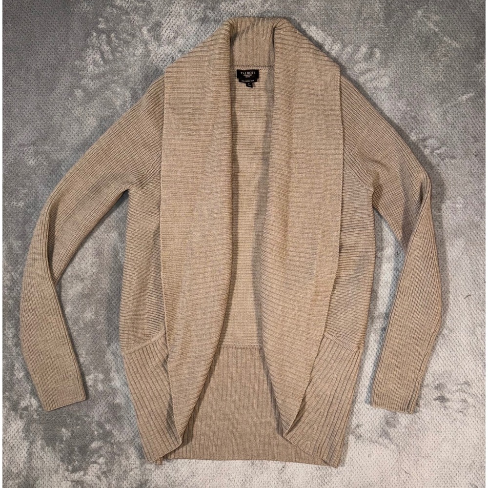Talbots Petites P Pure Merino Wool Open Front Shawl Collar Cardigan Beige Casual